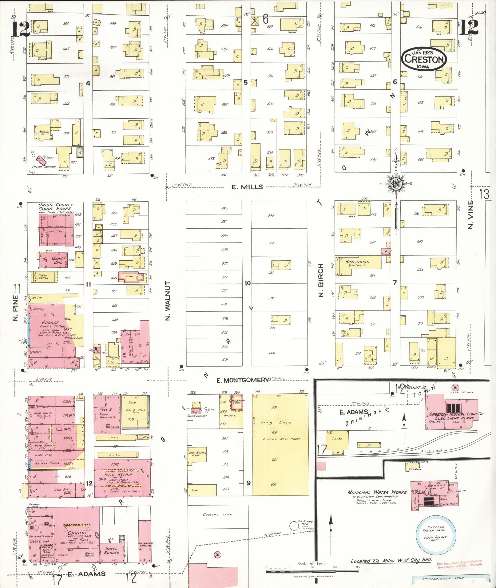 Sanborn Fire Insurance Map from Creston, Union County, Iowa (1923), Sheet #0012 - Historic Sanborn Fire Insurance Map Print, vintage old map wall art