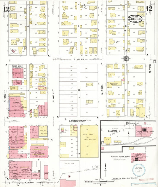 Sanborn Fire Insurance Map from Creston, Union County, Iowa (1923), Sheet #0012 - Historic Sanborn Fire Insurance Map Print, vintage old map wall art