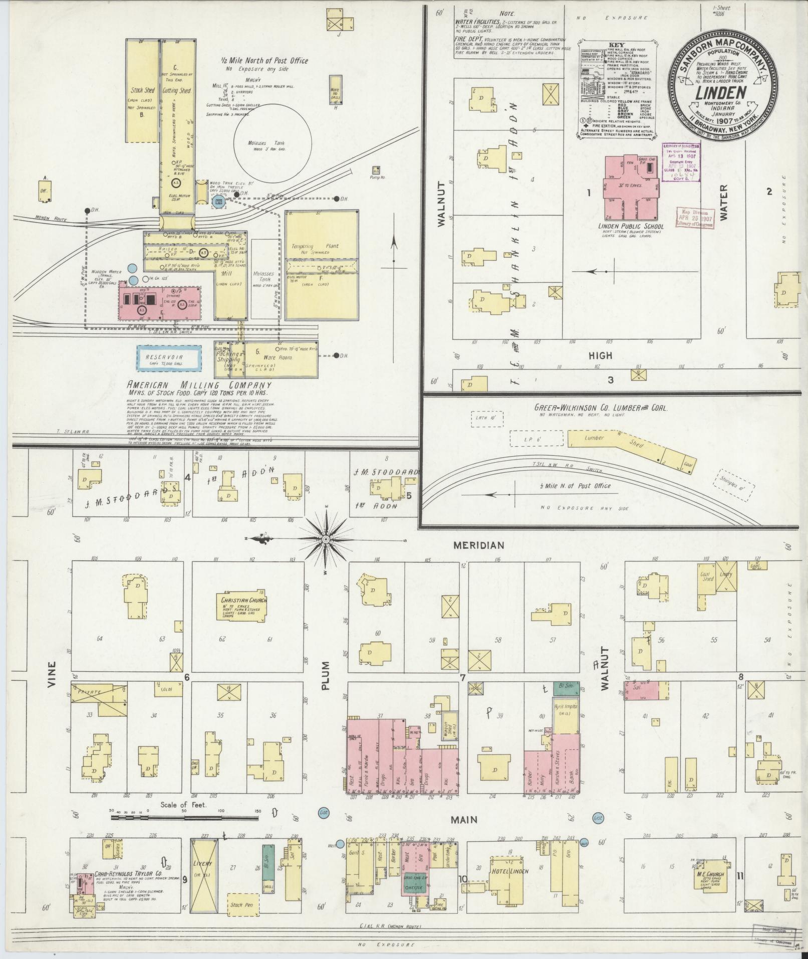 Sanborn Fire Insurance Map from Linden, Montgomery County, Indiana. (1907) – Historic Sanborn Fire Insurance Map Print