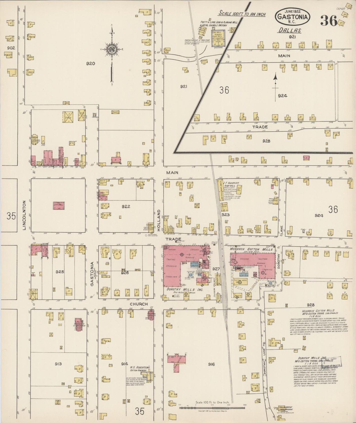 Sanborn Fire Insurance Map from Gastonia, Gaston County, North Carolina (1922), Sheet #0036 - Complete Map Set gallery image, historic Sanborn map, vintage wall art, North Carolina North Carolina