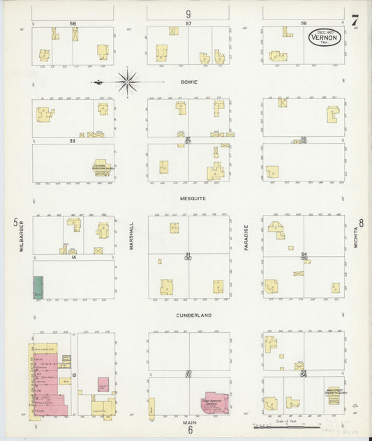 Sanborn Fire Insurance Map from Vernon, Wilbarger County, Texas (1907), Sheet #0007 - Historic Sanborn Fire Insurance Map Print, vintage old map wall art, antique decor, genealogy gift, Texas Texas map