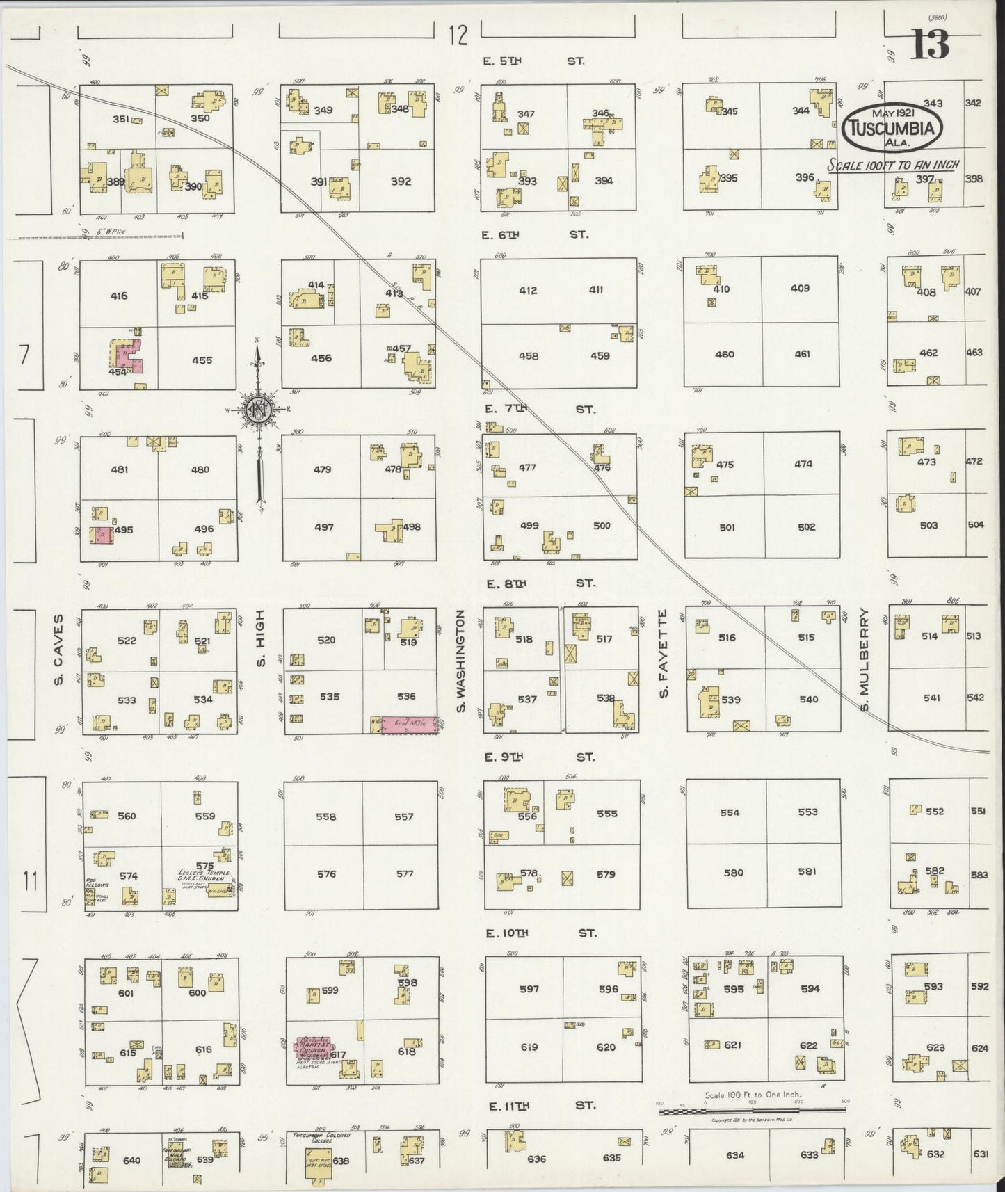 Sanborn Fire Insurance Map from Tuscumbia, Colbert County, Alabama (1921), Sheet #0013 - Complete Map Set gallery image, historic Sanborn map, vintage wall art, Alabama Alabama