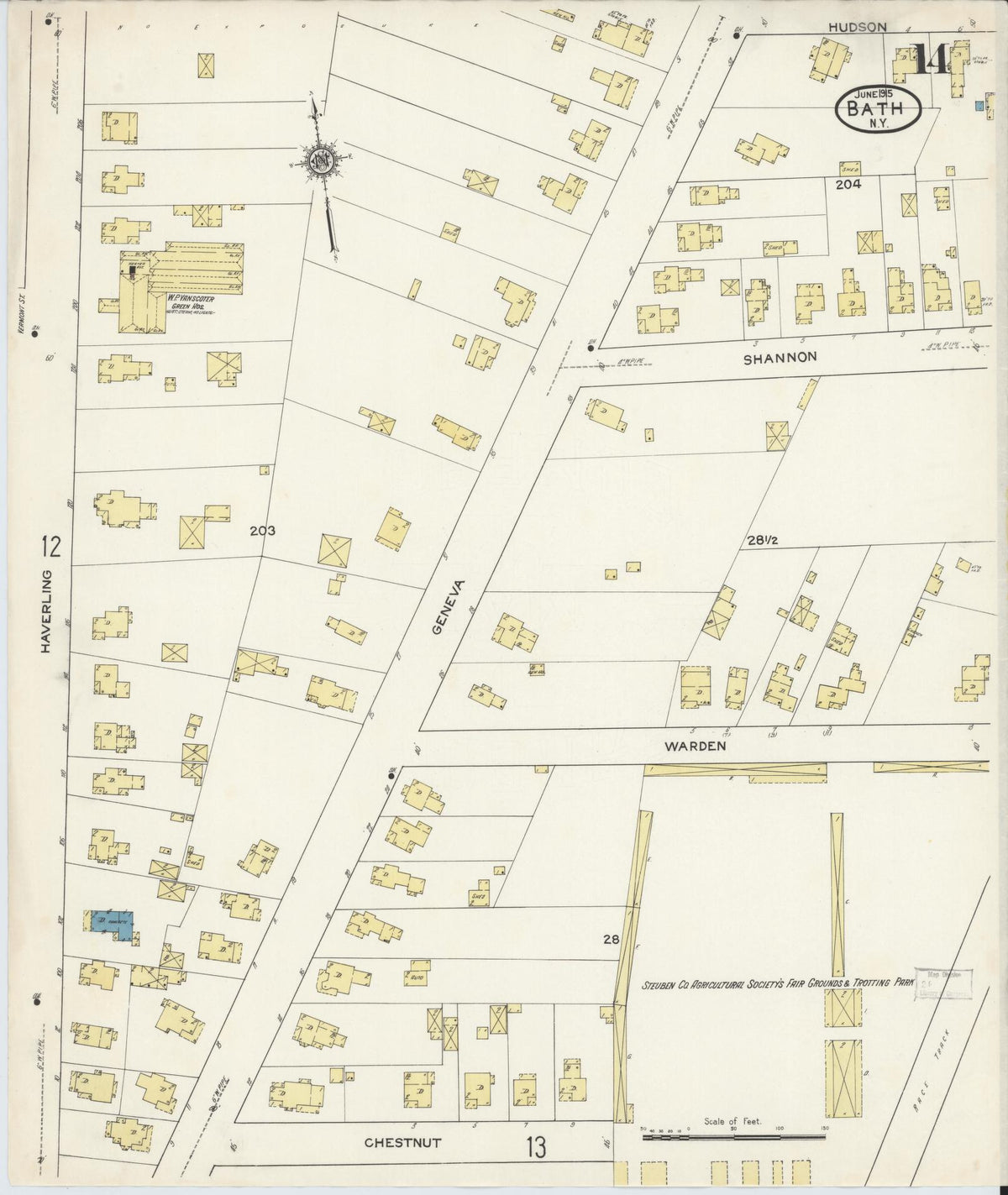 Sanborn Fire Insurance Map from Bath, Steuben County, New York (1915), Sheet #0014 - Historic Sanborn Fire Insurance Map Print, vintage old map wall art, antique decor, genealogy gift, New York New York map