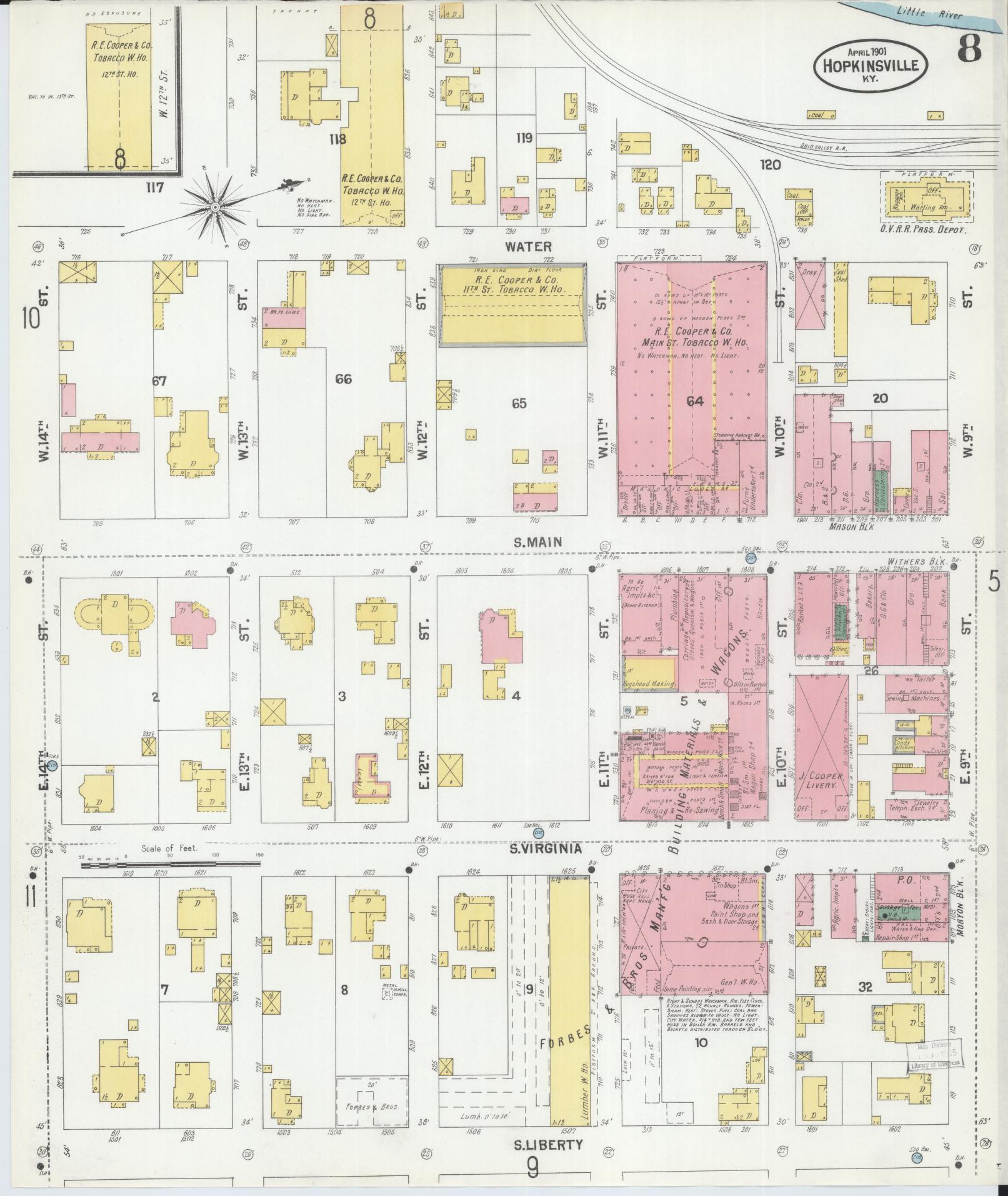 Sanborn Fire Insurance Map from Hopkinsville, Christian County, Kentucky (1901), Sheet #0008 - Historic Sanborn Fire Insurance Map Print, vintage old map wall art, antique decor, genealogy gift, Kentucky Kentucky map