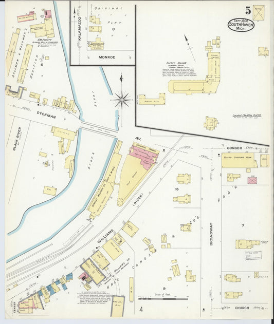 Sanborn Fire Insurance Map from South Haven, Van Buren County, Michigan (1908), Sheet #0005 - Historic Sanborn Fire Insurance Map Print, vintage old map wall art, antique decor, genealogy gift, Michigan Michigan map