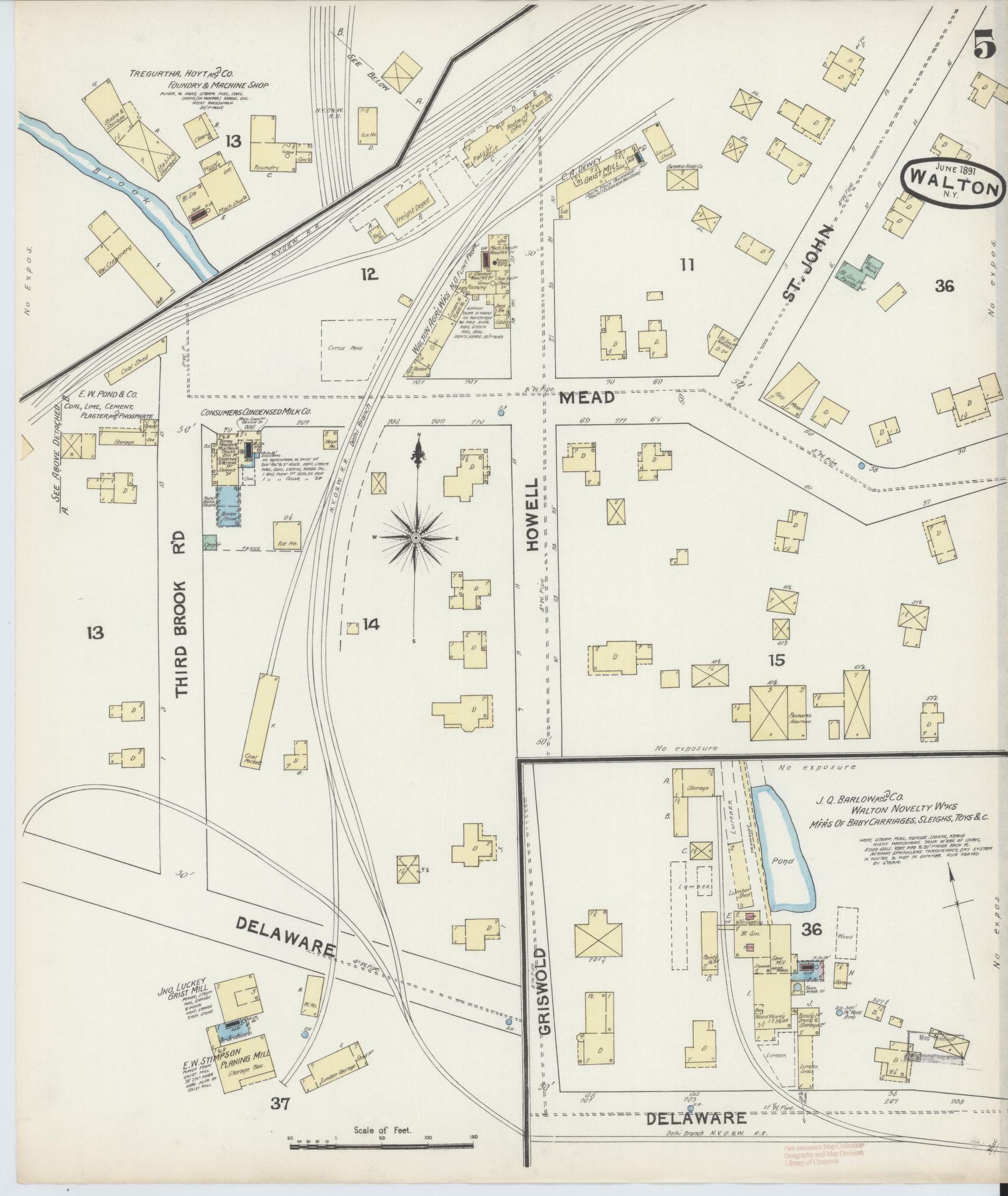 Sanborn Fire Insurance Map from Walton, Delaware County, New York (1891), Sheet #0005 - Complete Map Set gallery image, historic Sanborn map, vintage wall art, Walton Delaware