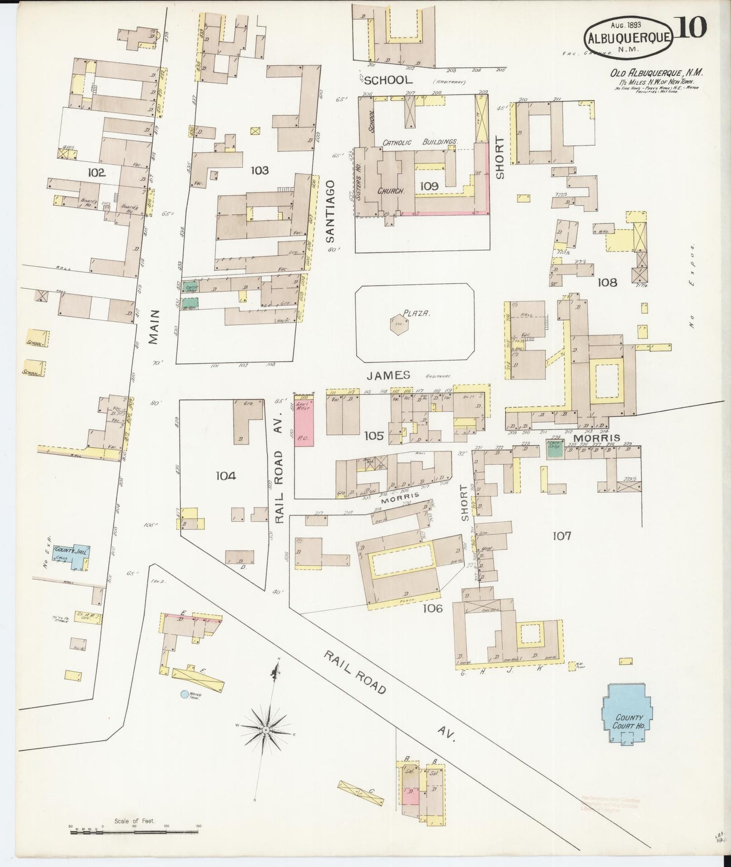 Sanborn Fire Insurance Map from Albuquerque, Bernalillo County, New Mexico (1893), Sheet #0010 - Historic Sanborn Fire Insurance Map Print, vintage old map wall art, antique decor, genealogy gift, New Mexico New Mexico map