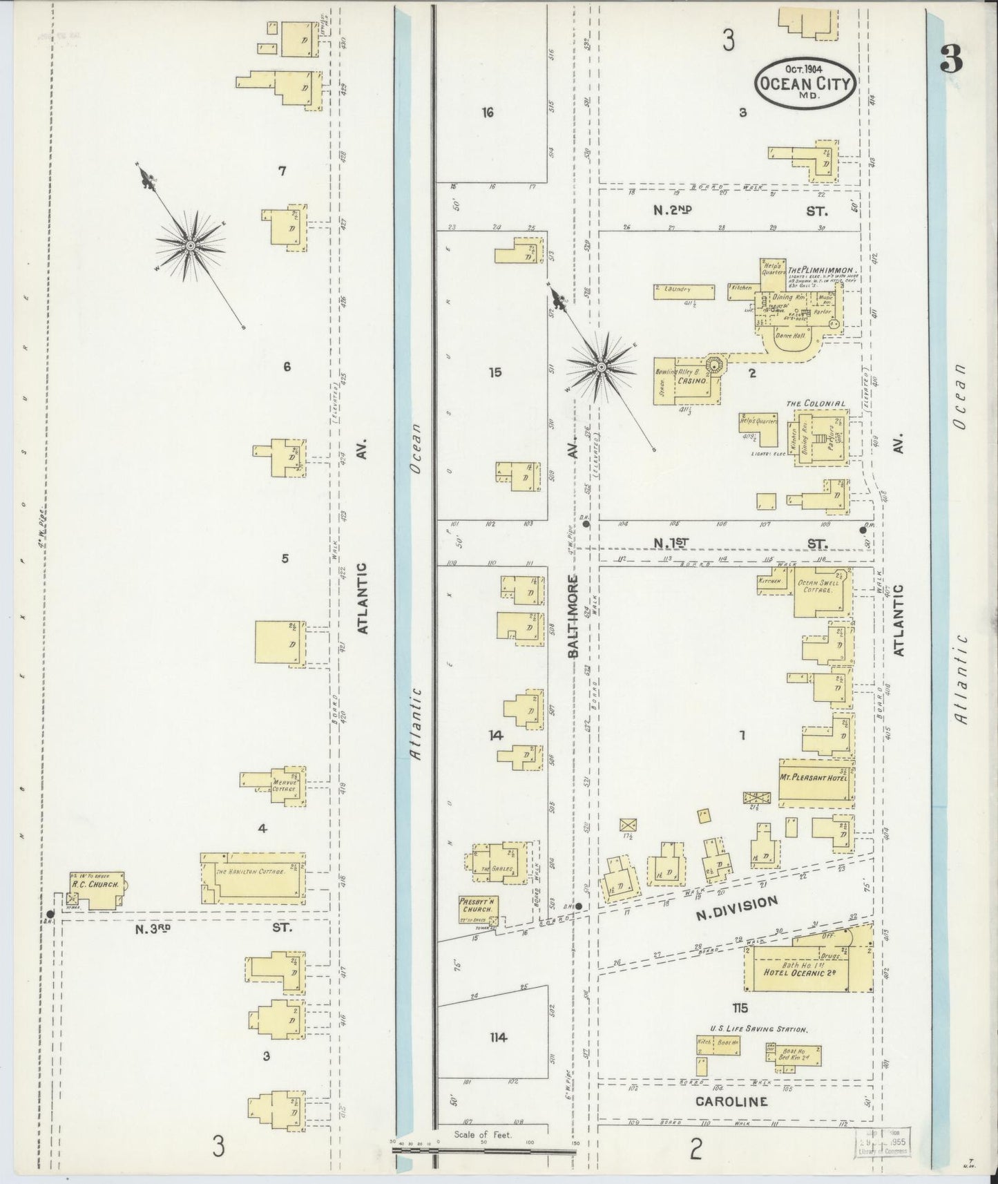 Sanborn Fire Insurance Map from Ocean City, Worcester County, Maryland (1904), Sheet #0003 - Historic Sanborn Fire Insurance Map Print, vintage old map wall art, antique decor, genealogy gift, Maryland Maryland map