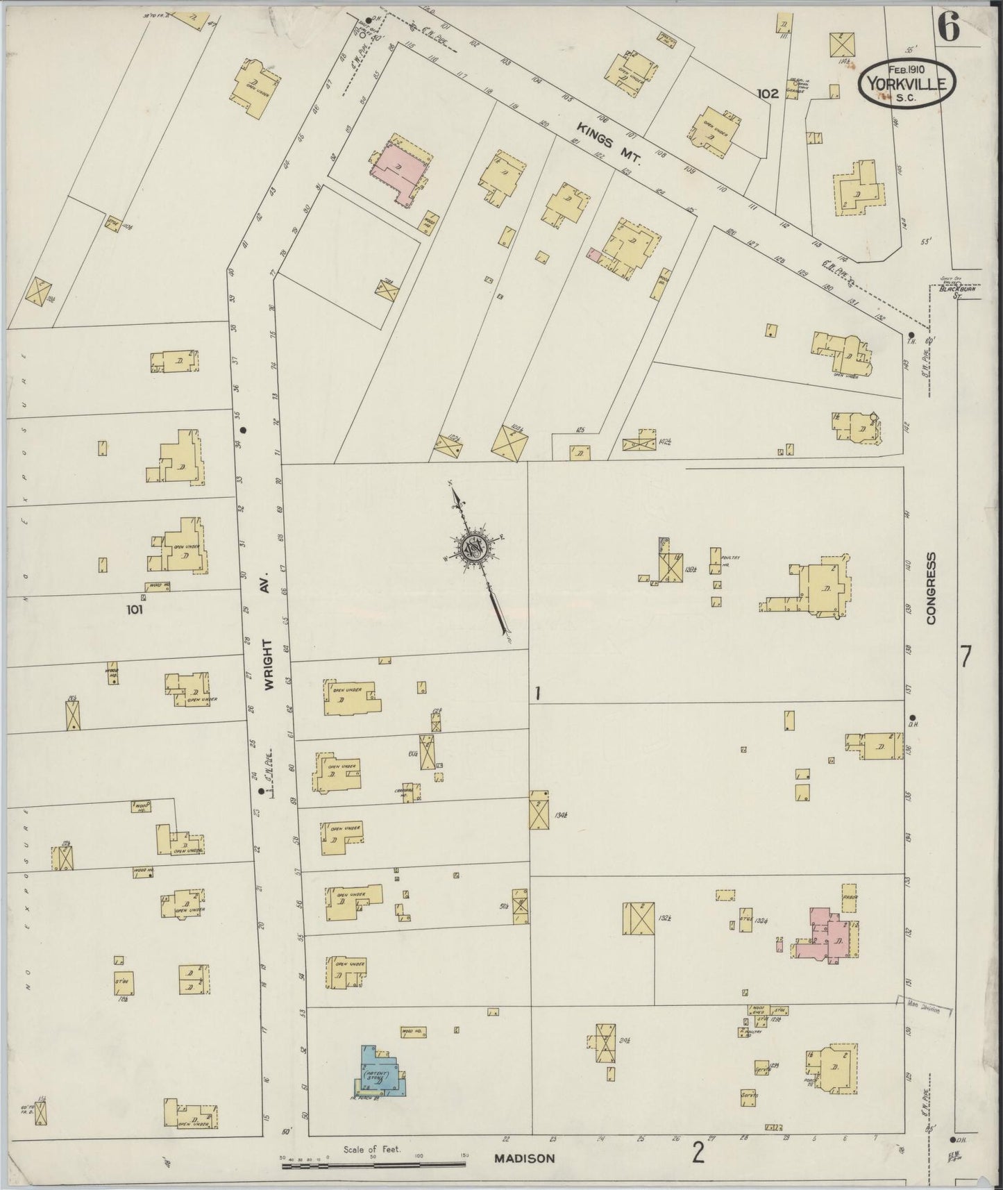Sanborn Fire Insurance Map from York[ville], York County, South Carolina (1910), Sheet #0006 - Historic Sanborn Fire Insurance Map Print, vintage old map wall art, antique decor, genealogy gift, South Carolina South Carolina map