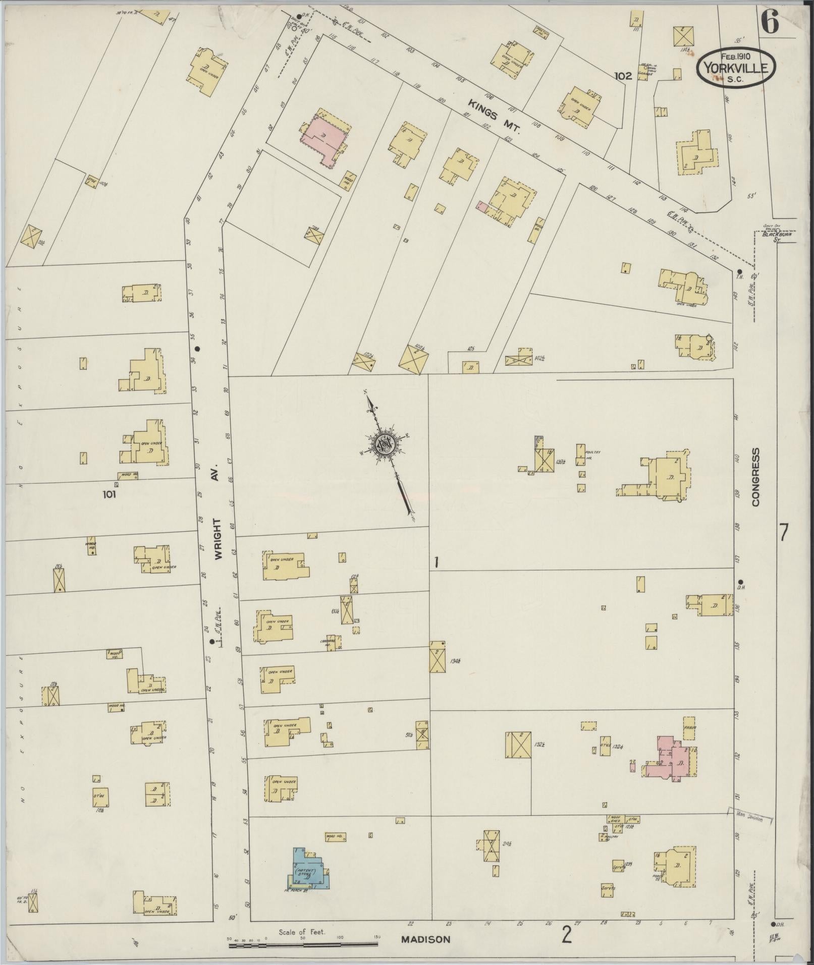 Sanborn Fire Insurance Map from York[ville], York County, South Carolina (1910), Sheet #0006 - Historic Sanborn Fire Insurance Map Print, vintage old map wall art, antique decor, genealogy gift, South Carolina South Carolina map