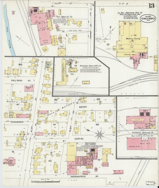 Sanborn Fire Insurance Map from Vincennes, Knox County, Indiana (1897), Sheet #0013 - Historic Sanborn Fire Insurance Map Print, vintage old map wall art, antique decor, genealogy gift, Indiana Indiana map