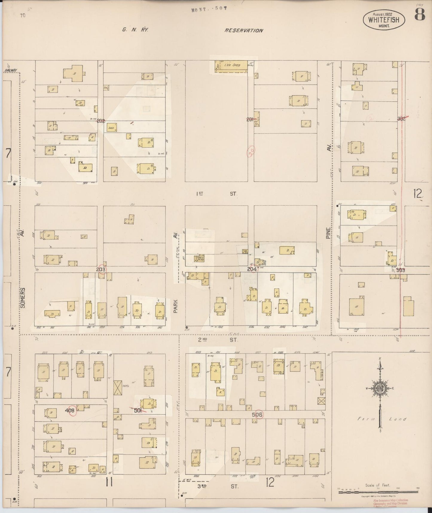 Sanborn Fire Insurance Map from Whitefish, Flathead County, Montana (1932), Sheet #0008 - Historic Sanborn Fire Insurance Map Print, vintage old map wall art, antique decor, genealogy gift, Montana Montana map