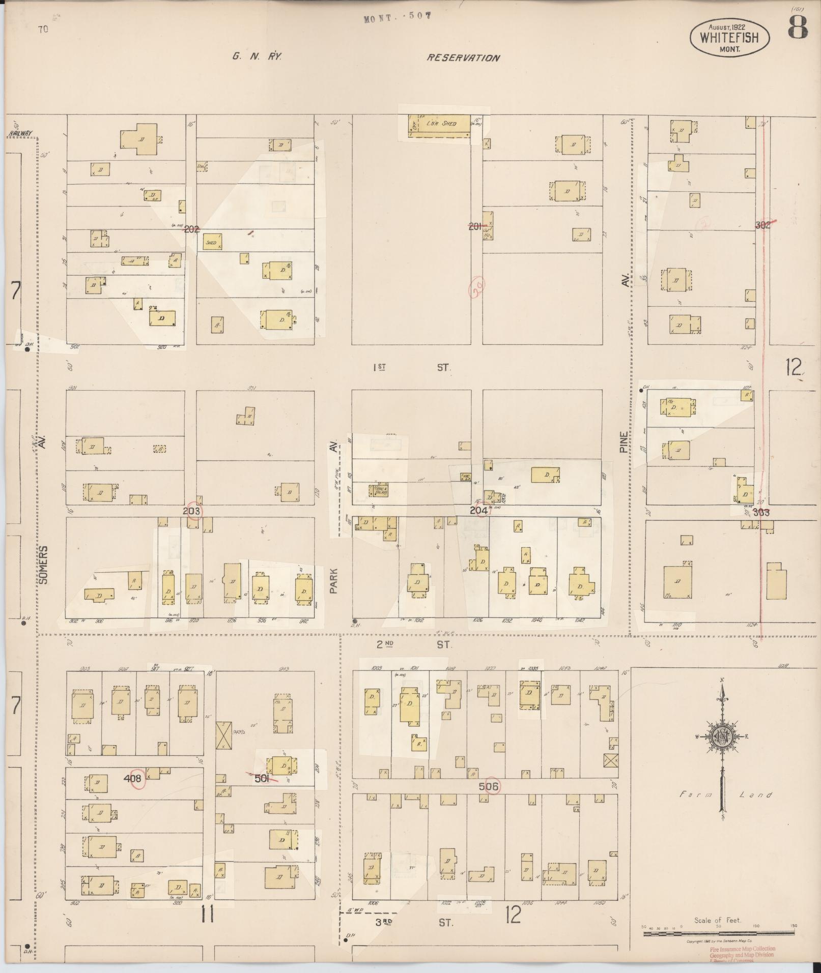 Sanborn Fire Insurance Map from Whitefish, Flathead County, Montana (1932), Sheet #0008 - Historic Sanborn Fire Insurance Map Print, vintage old map wall art, antique decor, genealogy gift, Montana Montana map