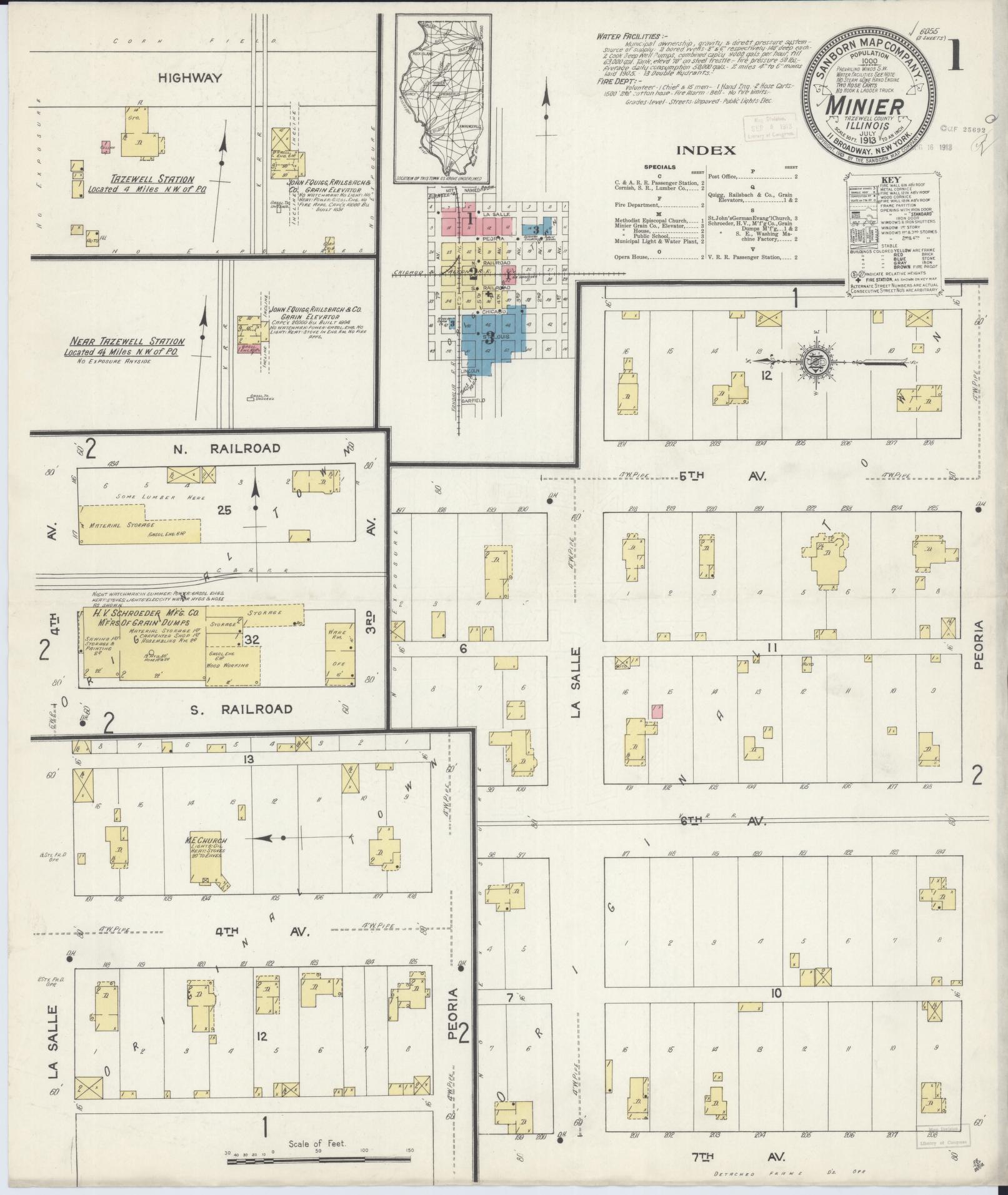 Sanborn Fire Insurance Map from Minier, Tazewell County, Illinois (1913), Sheet #0001 - Complete Map Set gallery image, historic Sanborn map, vintage wall art, Illinois Illinois