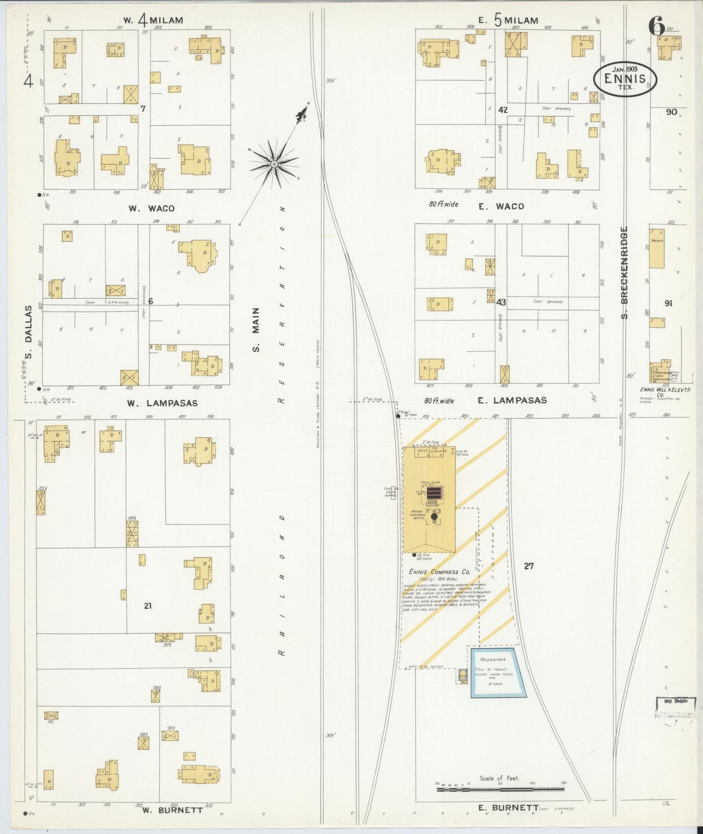 Sanborn Fire Insurance Map from Ennis, Ellis County, Texas (1909), Sheet #0006 - Historic Sanborn Fire Insurance Map Print, vintage old map wall art, antique decor, genealogy gift, Texas Texas map