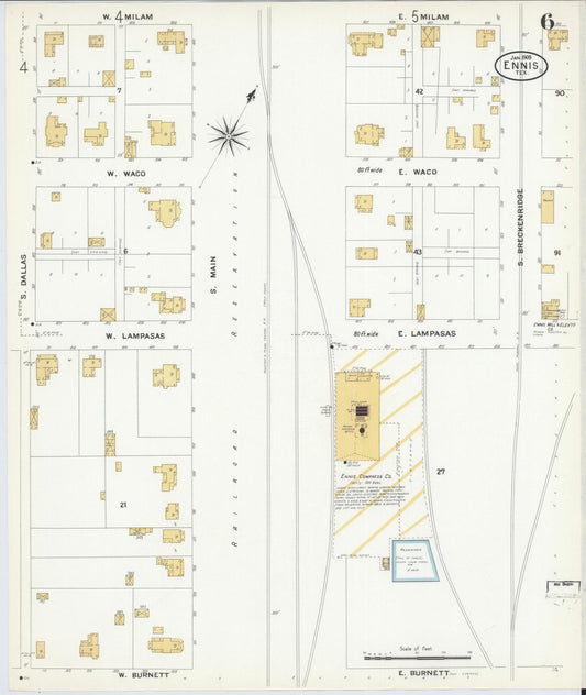 Sanborn Fire Insurance Map from Ennis, Ellis County, Texas (1909), Sheet #0006 - Historic Sanborn Fire Insurance Map Print, vintage old map wall art, antique decor, genealogy gift, Texas Texas map