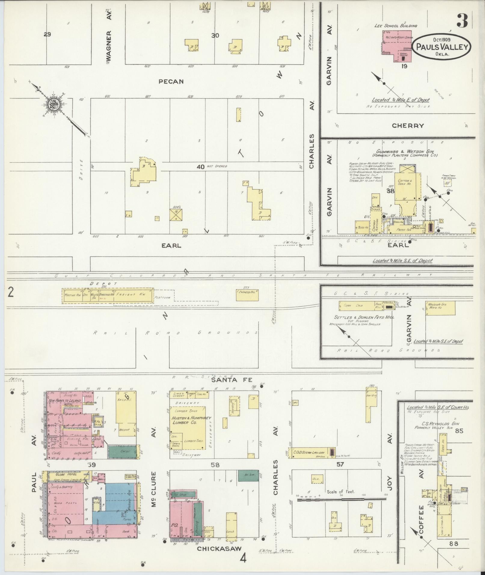 Sanborn Fire Insurance Map from Pauls Valley, Garvin County, Oklahoma (1909), Sheet #0003 - Complete Map Set gallery image, historic Sanborn map, vintage wall art, Oklahoma Oklahoma