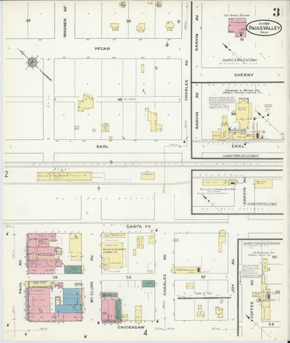 Sanborn Fire Insurance Map from Pauls Valley, Garvin County, Oklahoma (1909), Sheet #0003 - Complete Map Set gallery image, historic Sanborn map, vintage wall art, Oklahoma Oklahoma