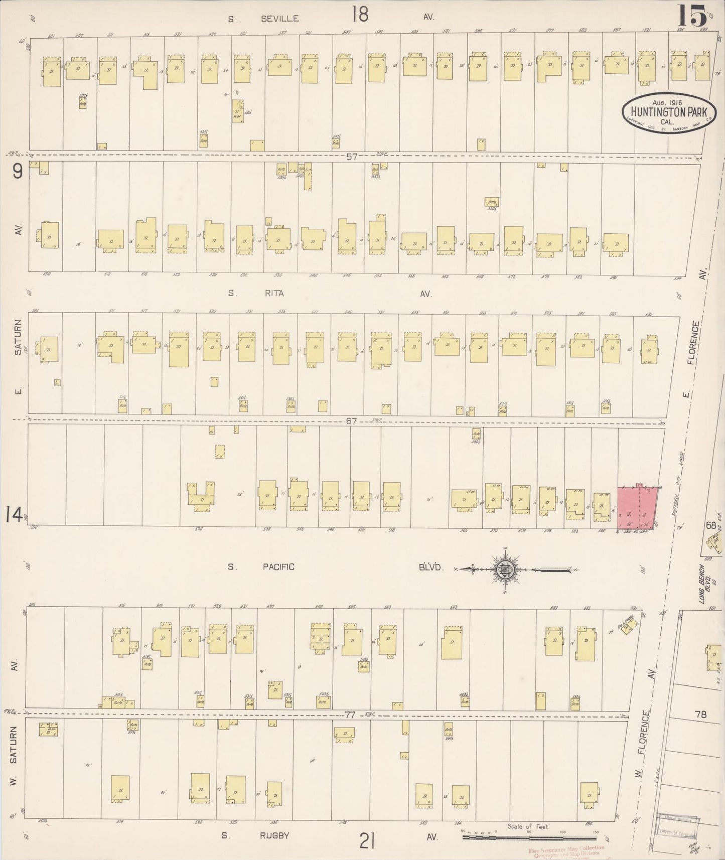 Sanborn Fire Insurance Map from Huntington Park, Los Angeles County, California (1916), Sheet #0015 - Historic Sanborn Fire Insurance Map Print, vintage old map wall art, antique decor, genealogy gift, California California map