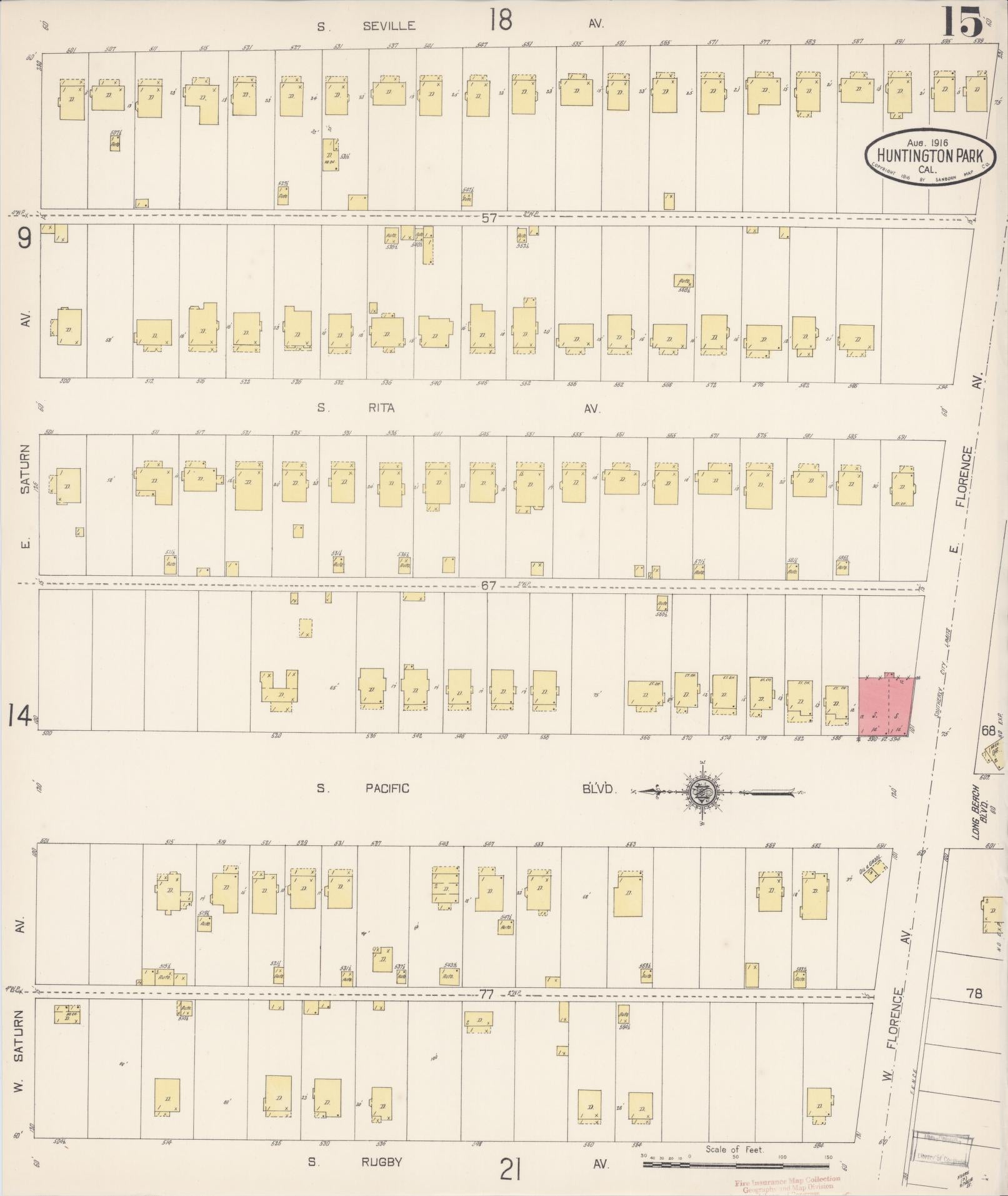 Sanborn Fire Insurance Map from Huntington Park, Los Angeles County, California (1916), Sheet #0015 - Historic Sanborn Fire Insurance Map Print, vintage old map wall art, antique decor, genealogy gift, California California map