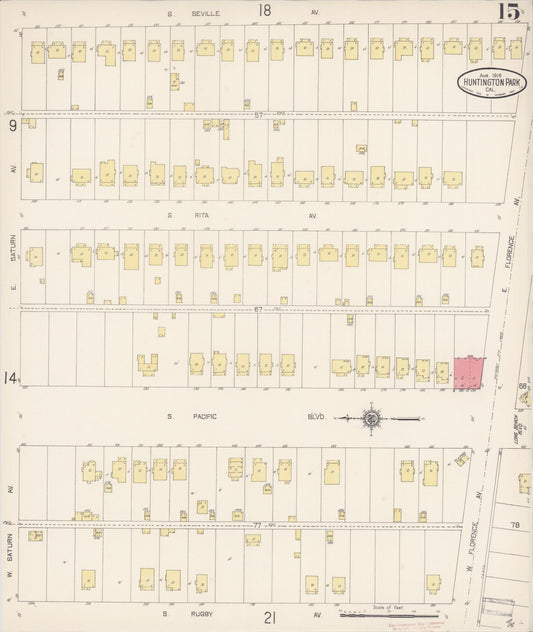 Sanborn Fire Insurance Map from Huntington Park, Los Angeles County, California (1916), Sheet #0015 - Historic Sanborn Fire Insurance Map Print, vintage old map wall art, antique decor, genealogy gift, California California map