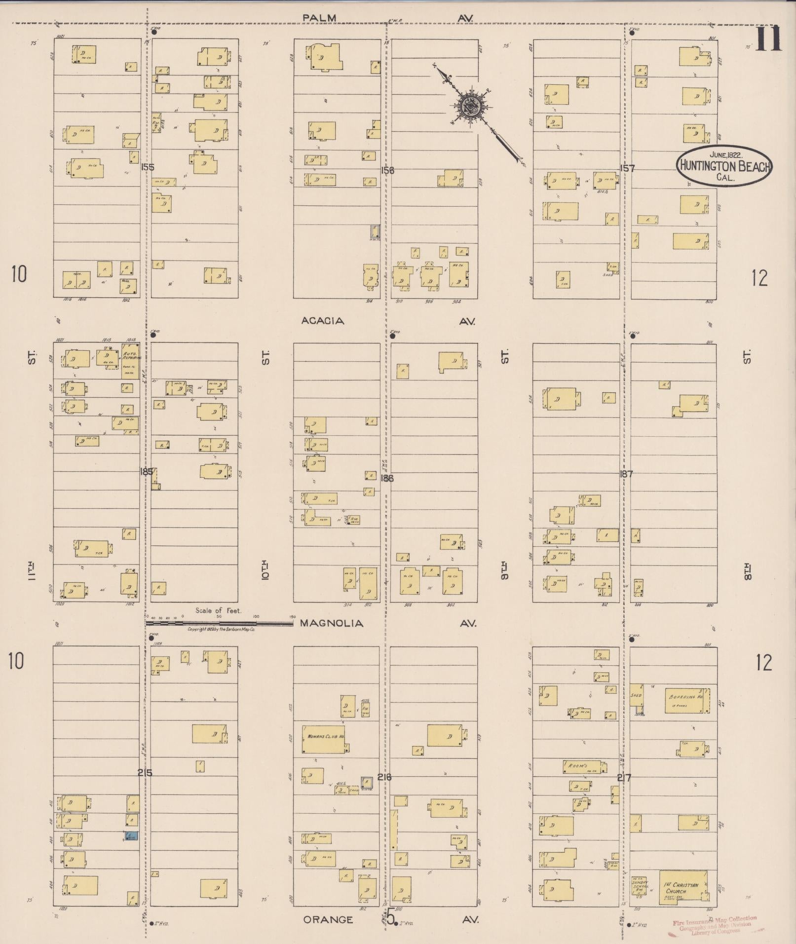 Sanborn Fire Insurance Map from Huntington Beach, Orange County, California (1922), Sheet #0011 - Historic Sanborn Fire Insurance Map Print, vintage old map wall art, antique decor, genealogy gift, California California map