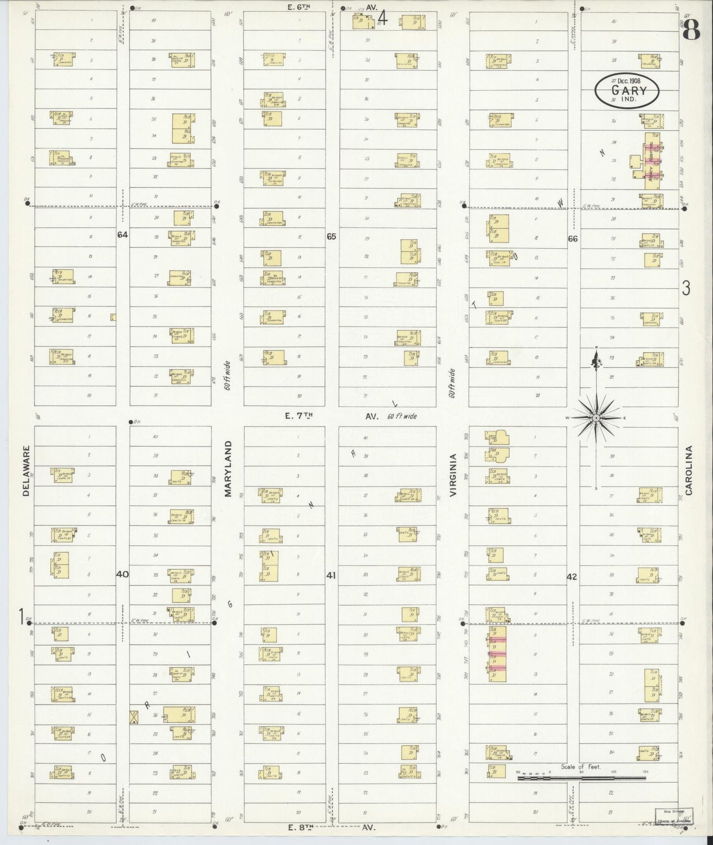 Sanborn Fire Insurance Map from Gary, Lake County, Indiana (1908), Sheet #0008 - Complete Map Set gallery image, historic Sanborn map, vintage wall art, Indiana Indiana