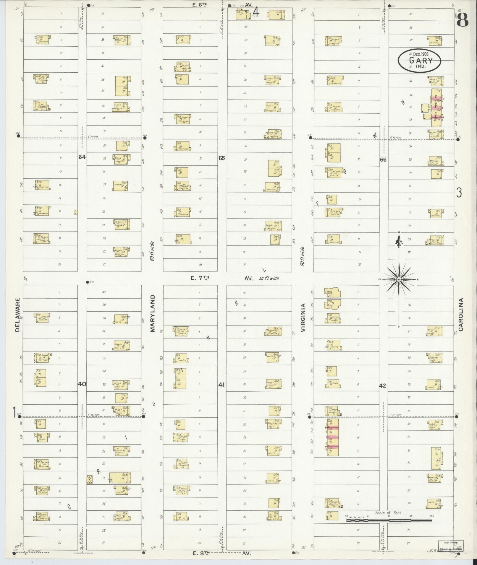 Sanborn Fire Insurance Map from Gary, Lake County, Indiana (1908), Sheet #0008 - Complete Map Set gallery image, historic Sanborn map, vintage wall art, Indiana Indiana