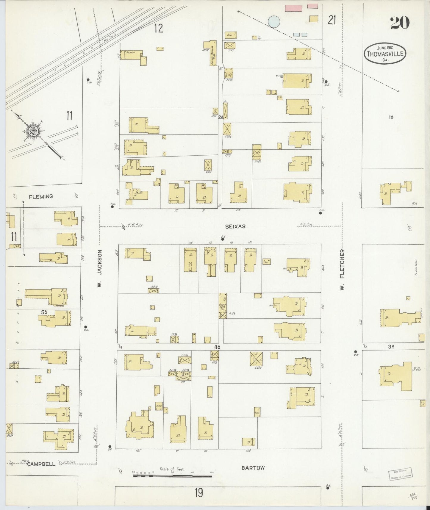 Sanborn Fire Insurance Map from Thomasville, Thomas County, Georgia (1912), Sheet #0020 - Historic Sanborn Fire Insurance Map Print, vintage old map wall art, antique decor, genealogy gift, Georgia Georgia map