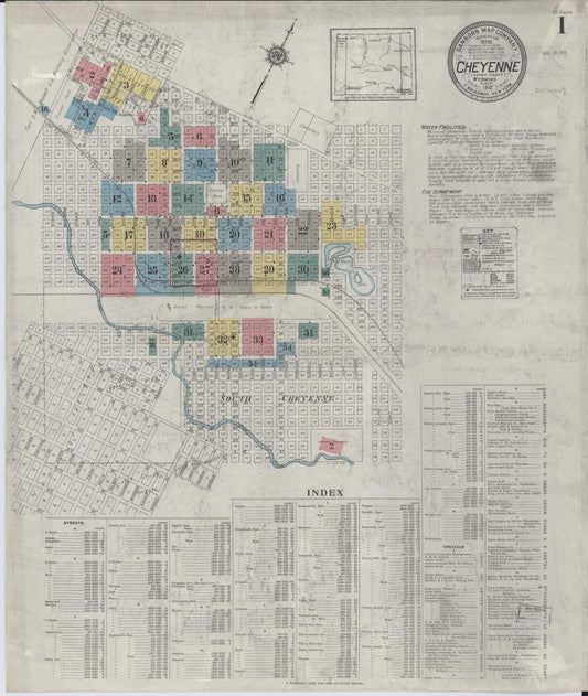 Sanborn Fire Insurance Map from Cheyenne, Laramie County, Wyoming (1912), Sheet #0001 - Historic Sanborn Fire Insurance Map Print, vintage old map wall art, antique decor, genealogy gift, Wyoming Wyoming map