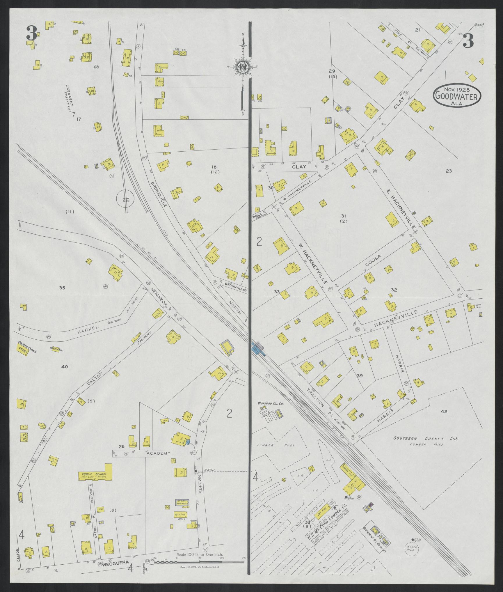 Sanborn Fire Insurance Map from Goodwater, Coosa County, Alabama (1928), Sheet #0003 - Historic Sanborn Fire Insurance Map Print, vintage old map wall art, antique decor, genealogy gift, Alabama Alabama map