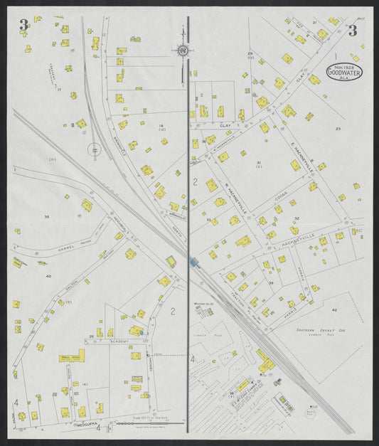Sanborn Fire Insurance Map from Goodwater, Coosa County, Alabama (1928), Sheet #0003 - Historic Sanborn Fire Insurance Map Print, vintage old map wall art, antique decor, genealogy gift, Alabama Alabama map
