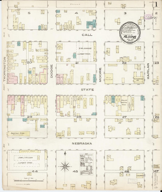 Sanborn Fire Insurance Map from Algona, Kossuth County, Iowa (1885), Sheet #0001 - Historic Sanborn Fire Insurance Map Print, vintage old map wall art