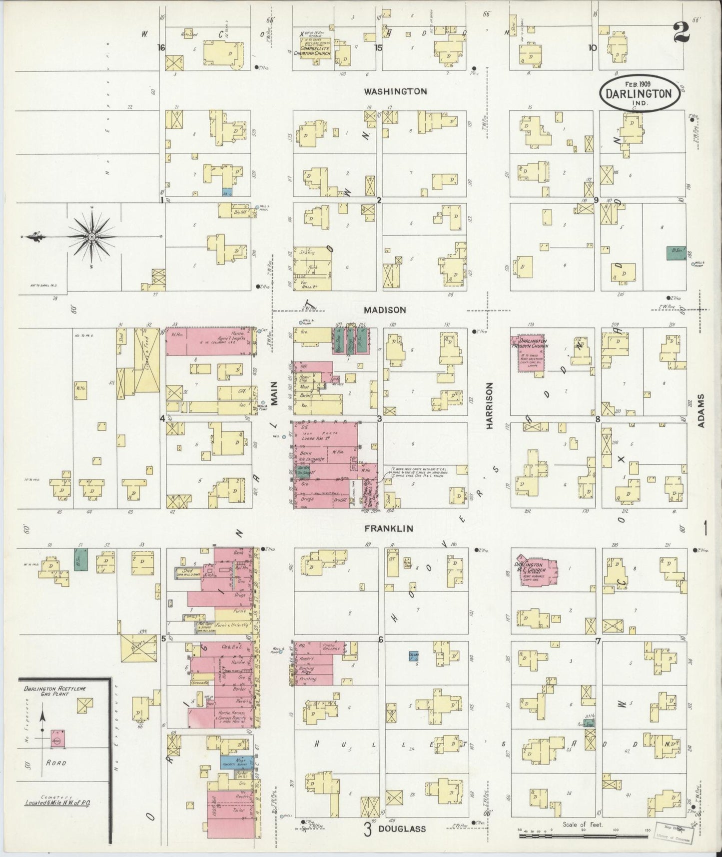 Sanborn Fire Insurance Map from Darlington, Montgomery County, Indiana (1909), Sheet #0002 - Historic Sanborn Fire Insurance Map Print, vintage old map wall art, antique decor, genealogy gift, Indiana Indiana map