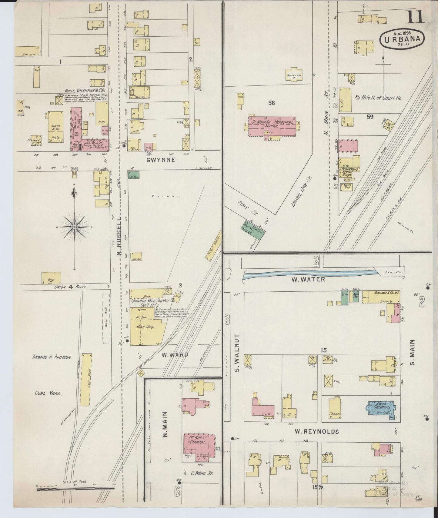 Sanborn Fire Insurance Map from Urbana, Champaign County, Ohio (1895), Sheet #0011 - Historic Sanborn Fire Insurance Map Print, vintage old map wall art, antique decor, genealogy gift, Ohio Ohio map