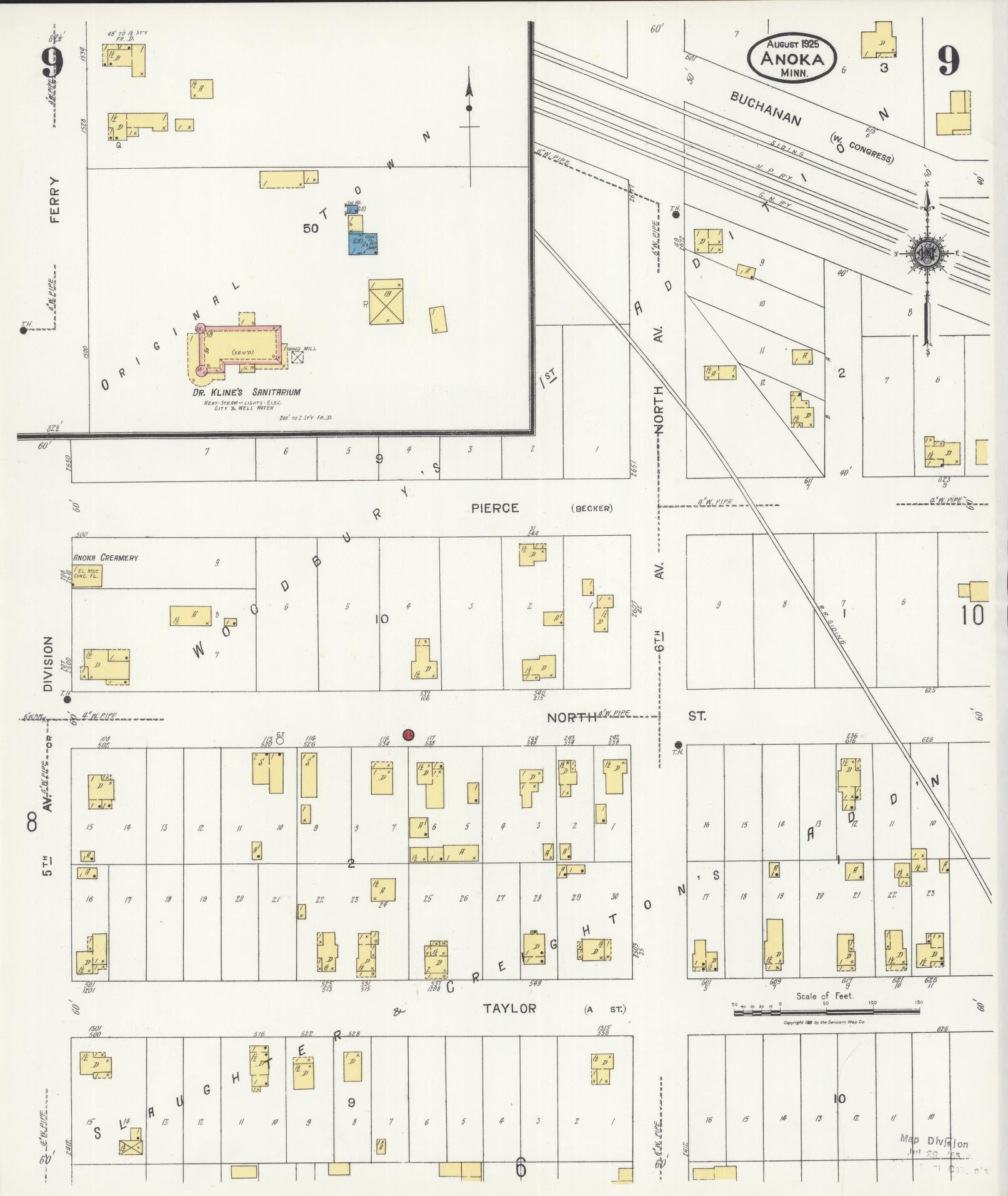 Sanborn Fire Insurance Map from Anoka, Anoka County, Minnesota (1925), Sheet #0009 - Historic Sanborn Fire Insurance Map Print, vintage old map wall art, antique decor, genealogy gift, Minnesota Minnesota map