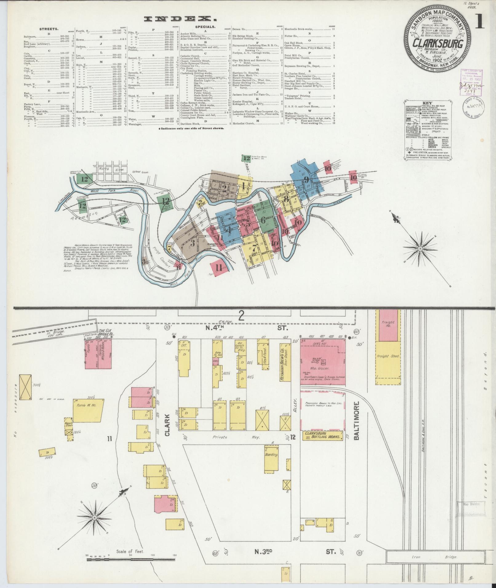 Sanborn Fire Insurance Map from Clarksburg, Harrison County, West Virginia (1902), Sheet #0001 - Complete Map Set gallery image, historic Sanborn map, vintage wall art, West Virginia West Virginia