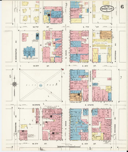 Sanborn Fire Insurance Map from Mason City, Cerro Gordo County, Iowa (1915), Sheet #0006 - Historic Sanborn Fire Insurance Map Print, vintage old map wall art