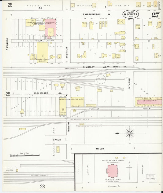 Sanborn Fire Insurance Map from Wichita, Sedgwick County, Kansas (1897), Sheet #0027 - Historic Sanborn Fire Insurance Map Print, vintage old map wall art, antique decor, genealogy gift, Kansas Kansas map