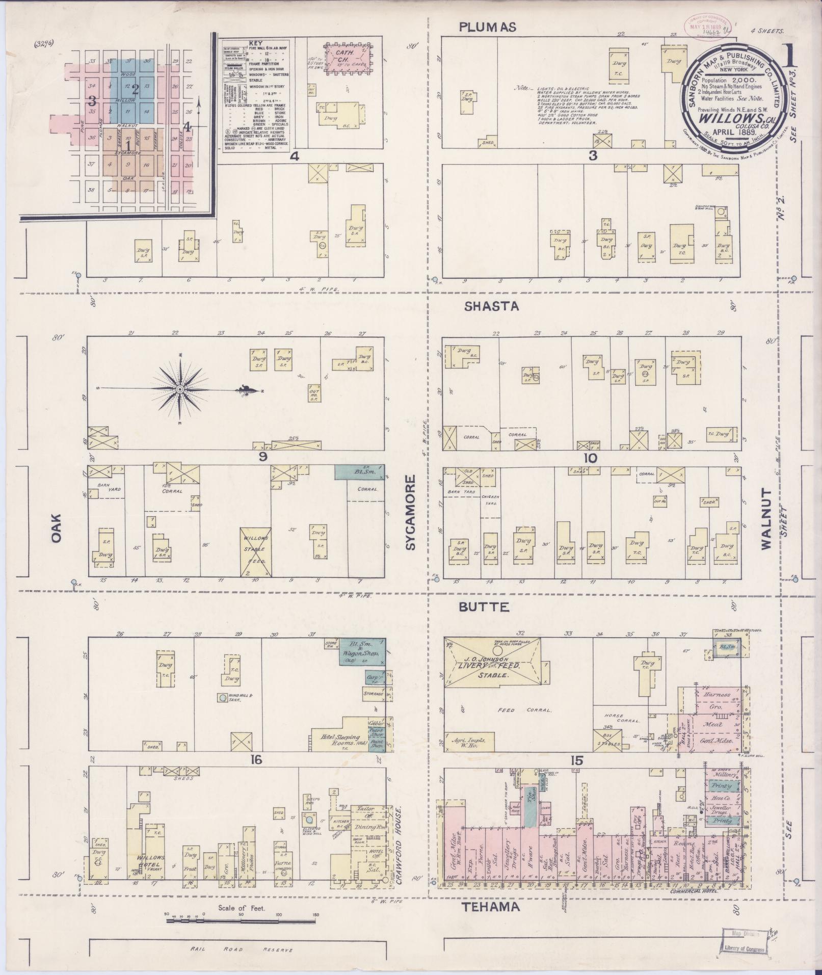 Sanborn Fire Insurance Map from Willows, Glenn County, California (1889), Sheet #0001 - Complete Map Set gallery image, historic Sanborn map, vintage wall art, California California