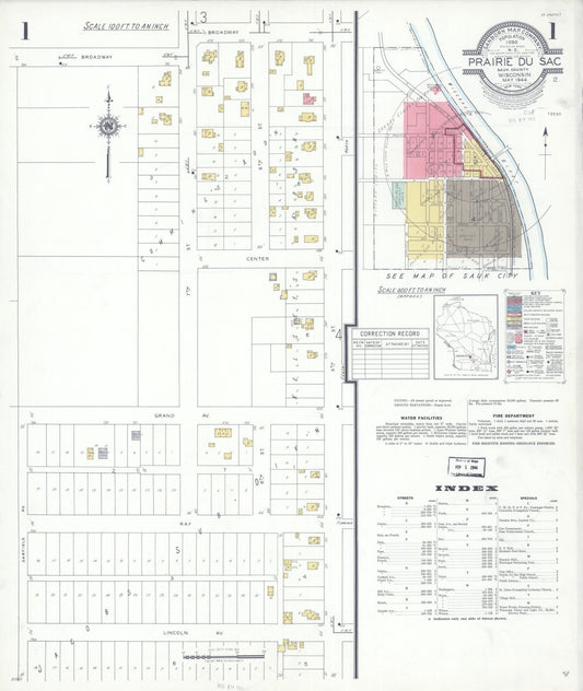 Sanborn Fire Insurance Map from Prairie du Sac, Sauk County, Wisconsin (1944), Sheet #0001 - Historic Sanborn Fire Insurance Map Print, vintage old map wall art, antique decor, genealogy gift, Wisconsin Wisconsin map
