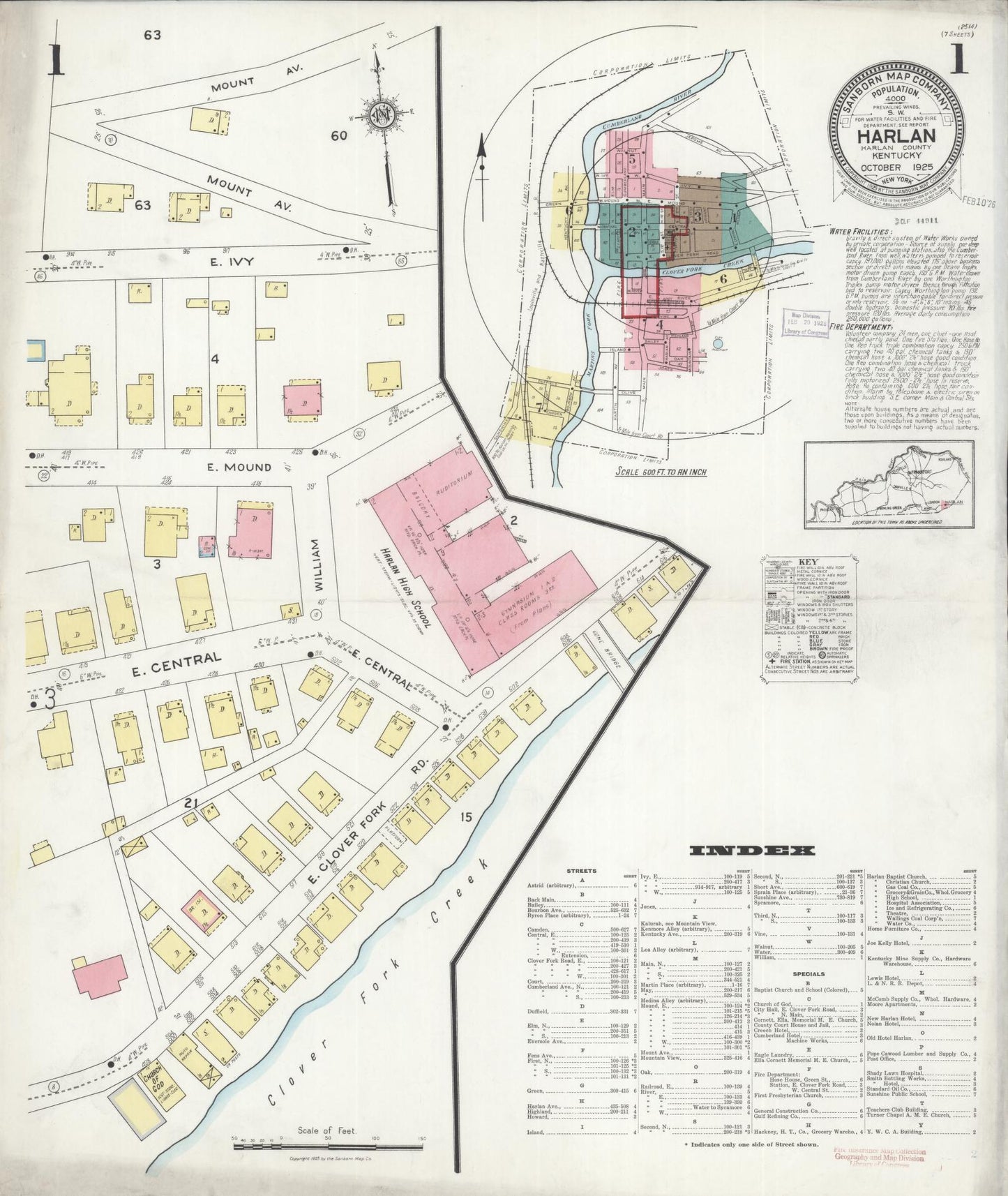 Sanborn Fire Insurance Map from Harlan, Harlan County, Kentucky (1925), Sheet #0001 - Complete Map Set gallery image, historic Sanborn map, vintage wall art, Kentucky Kentucky