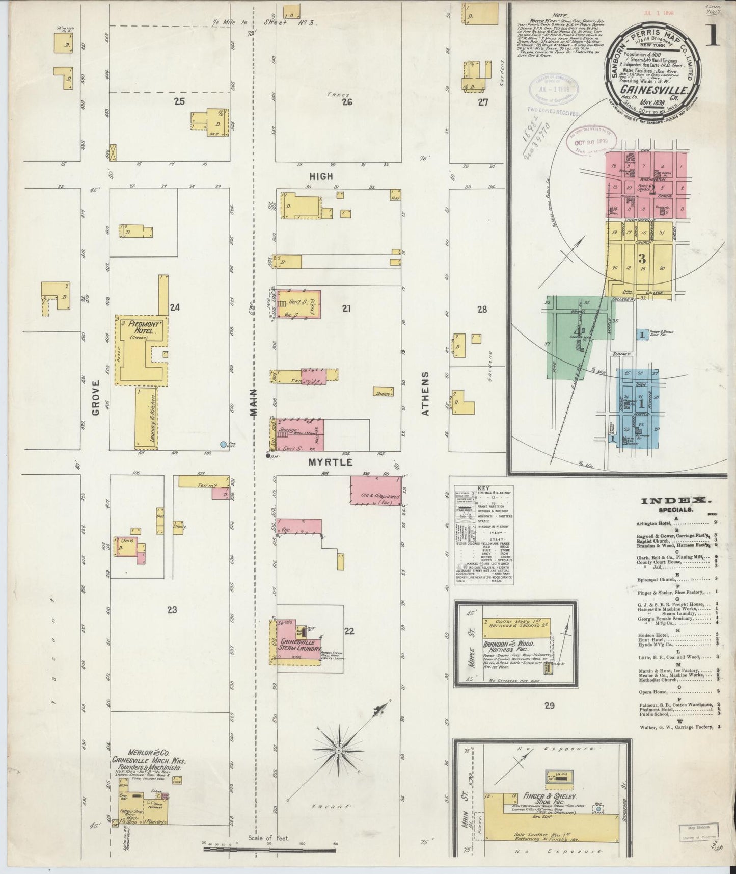 Sanborn Fire Insurance Map from Gainesville, Hall County, Georgia (1898), Sheet #0001 - Historic Sanborn Fire Insurance Map Print, vintage old map wall art, antique decor, genealogy gift, Georgia Georgia map