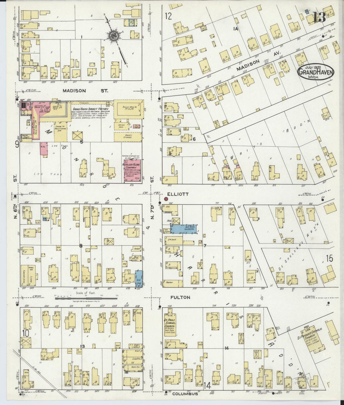 Sanborn Fire Insurance Map from Grand Haven, Ottawa County, Michigan (1920), Sheet #0013 - Complete Map Set gallery image, historic Sanborn map, vintage wall art, Michigan Michigan