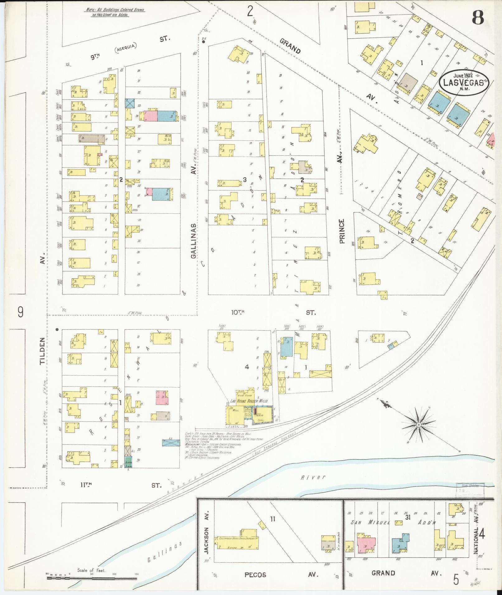 Sanborn Fire Insurance Map from Las Vegas, San Miguel County, New Mexico (1902), Sheet #0008 - Historic Sanborn Fire Insurance Map Print, vintage old map wall art, antique decor, genealogy gift, New Mexico New Mexico map