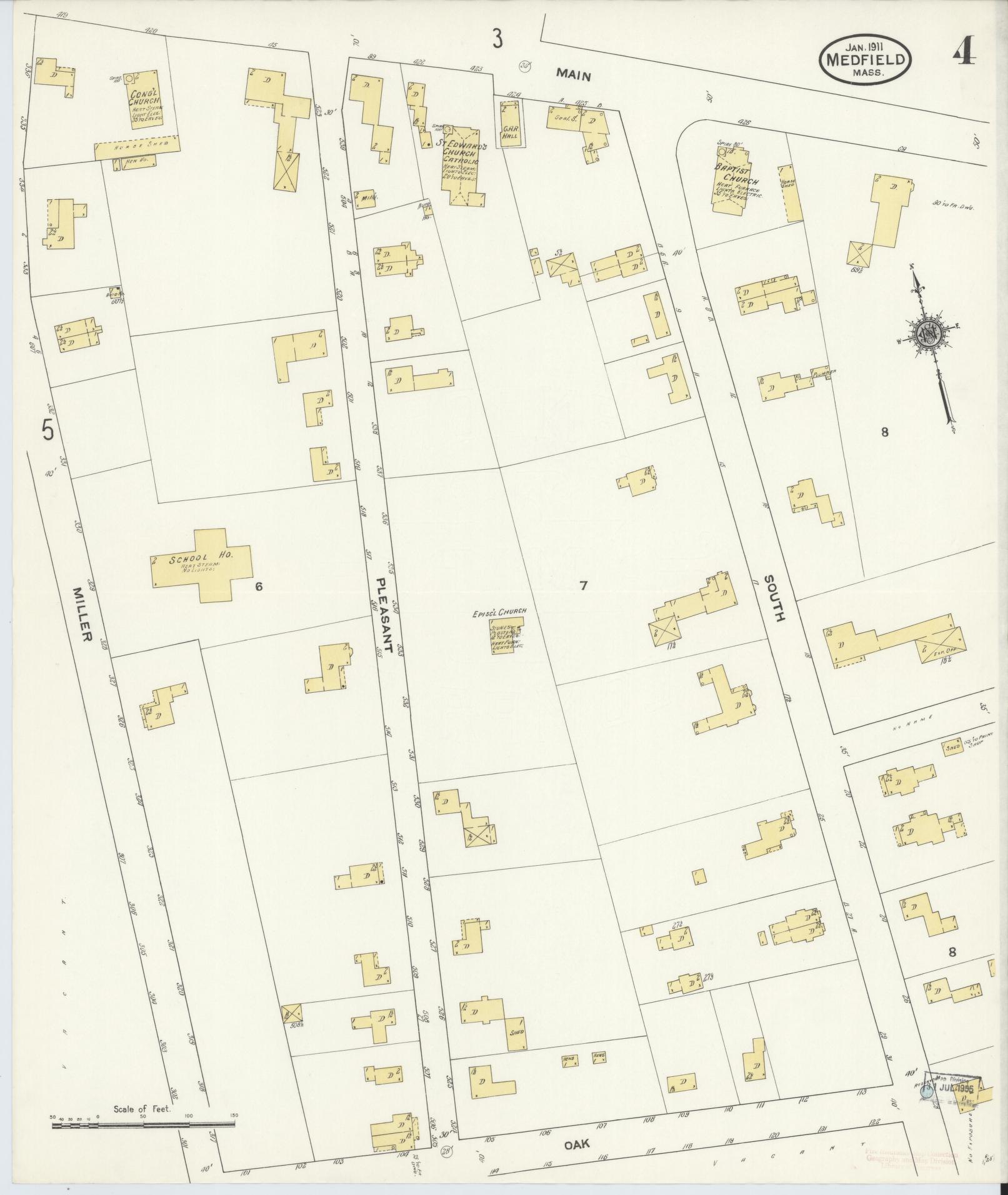 Sanborn Fire Insurance Map from Medfield, Norfolk County, Massachusetts (1911), Sheet #0004 - Complete Map Set gallery image, historic Sanborn map, vintage wall art, Massachusetts Massachusetts