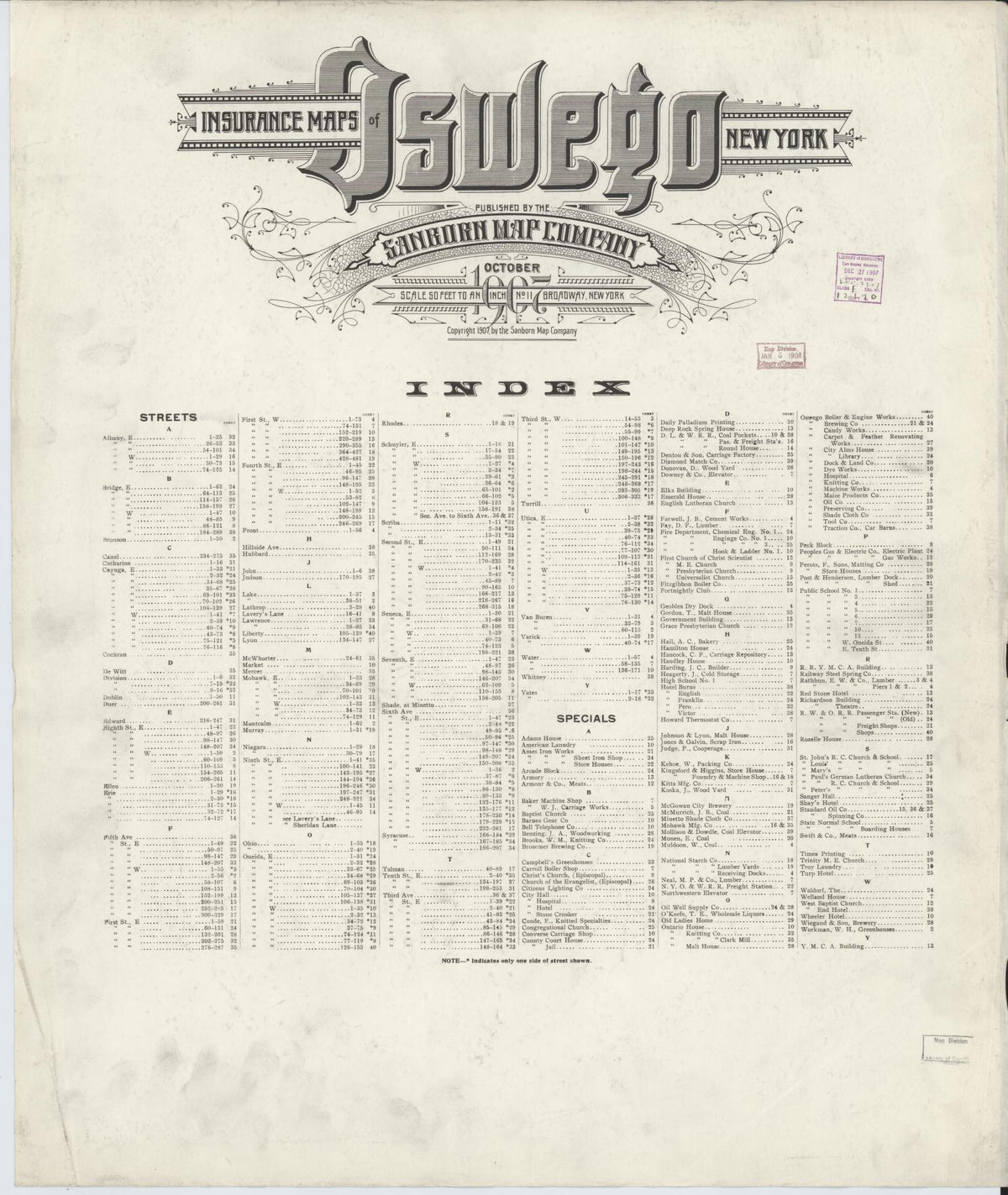 Sanborn Fire Insurance Map from Oswego, Oswego County, New York (1907), Sheet #0001 - Historic Sanborn Fire Insurance Map Print, vintage old map wall art, antique decor, genealogy gift, New York New York map
