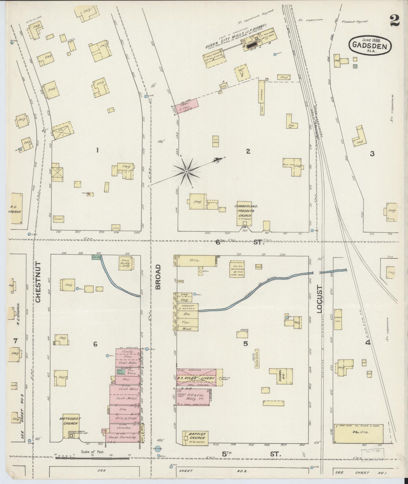 Sanborn Fire Insurance Map from Gadsden, Etowah County, Alabama (1888), Sheet #0002 - Historic Sanborn Fire Insurance Map Print, vintage old map wall art, antique decor, genealogy gift, Alabama Alabama map