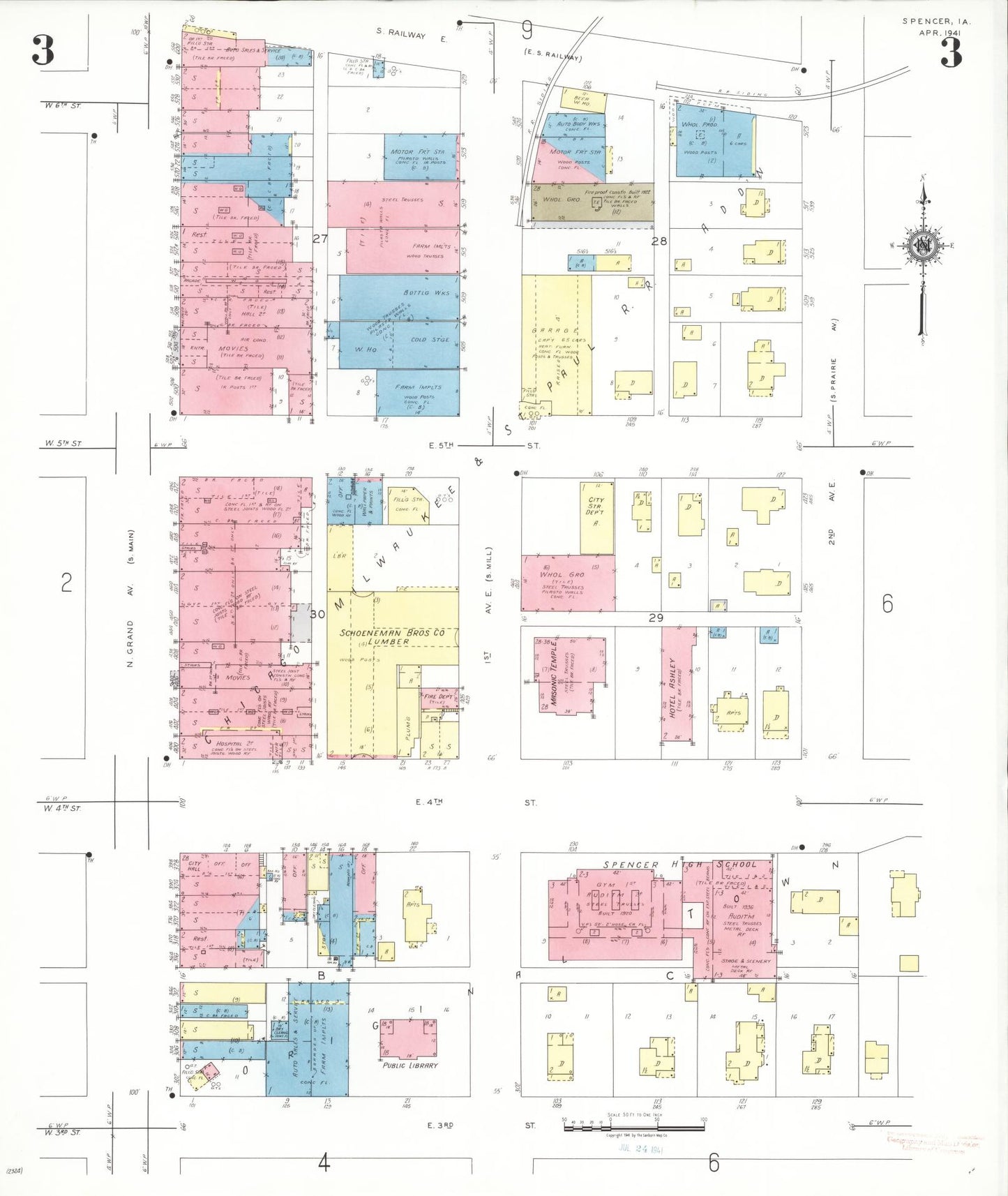 Sanborn Fire Insurance Map from Spencer, Clay County, Iowa (1941), Sheet #0003 - Historic Sanborn Fire Insurance Map Print