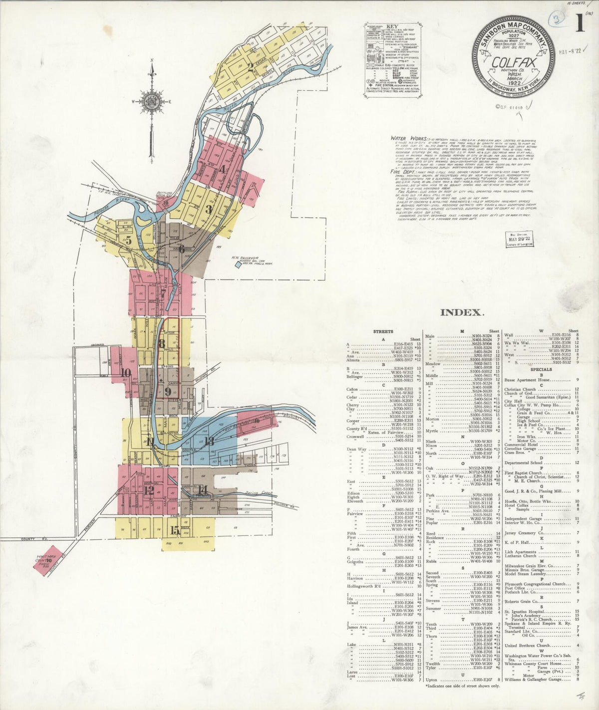 Sanborn Fire Insurance Map from Colfax, Whitman County, Washington (1922), Sheet #0001 - Historic Sanborn Fire Insurance Map Print, vintage old map wall art, antique decor, genealogy gift, Washington Washington map
